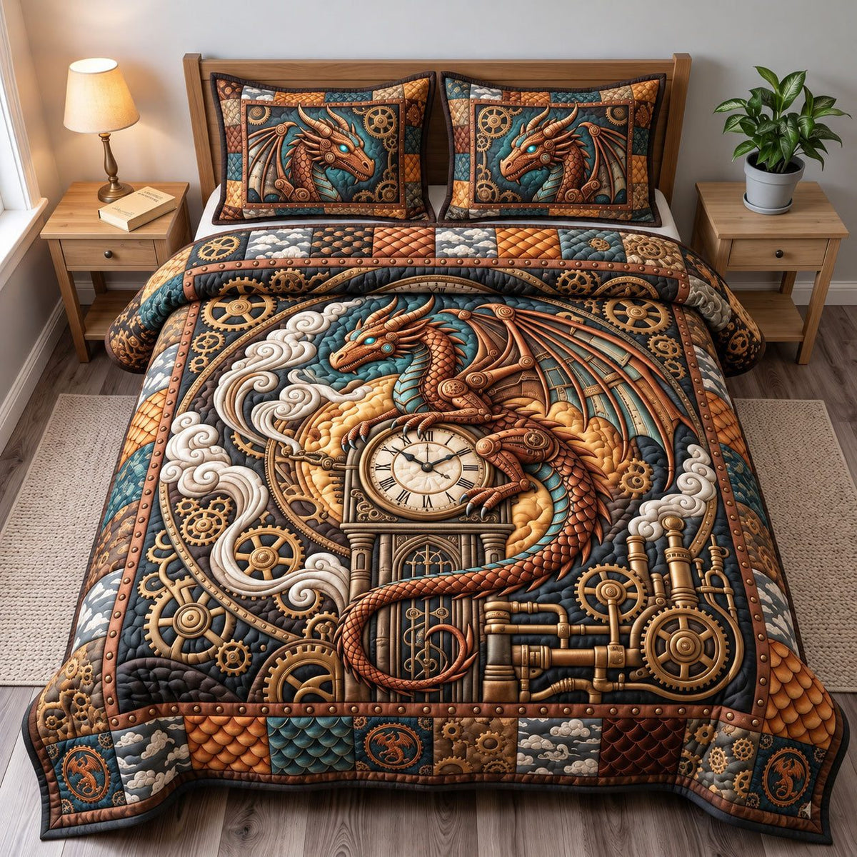 Clockwork Bronze Dragon quilted 3-piece bedding set on a made bed with two matching pillow shams