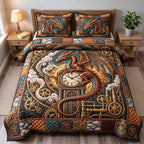 Clockwork Bronze Dragon quilted 3-piece bedding set on a made bed with two matching pillow shams