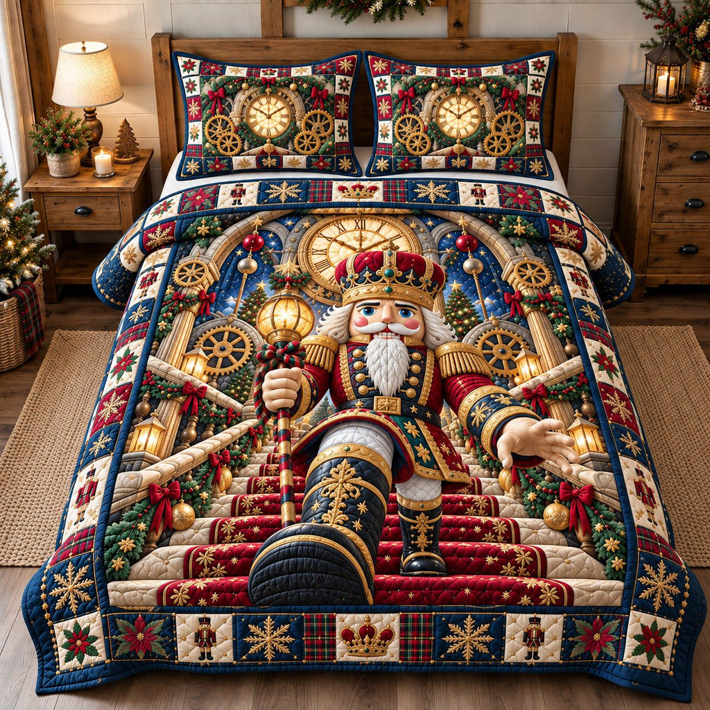 Clockwork Nutcracker March quilted 3-piece bedding set on a made bed in a winter-styled bedroom