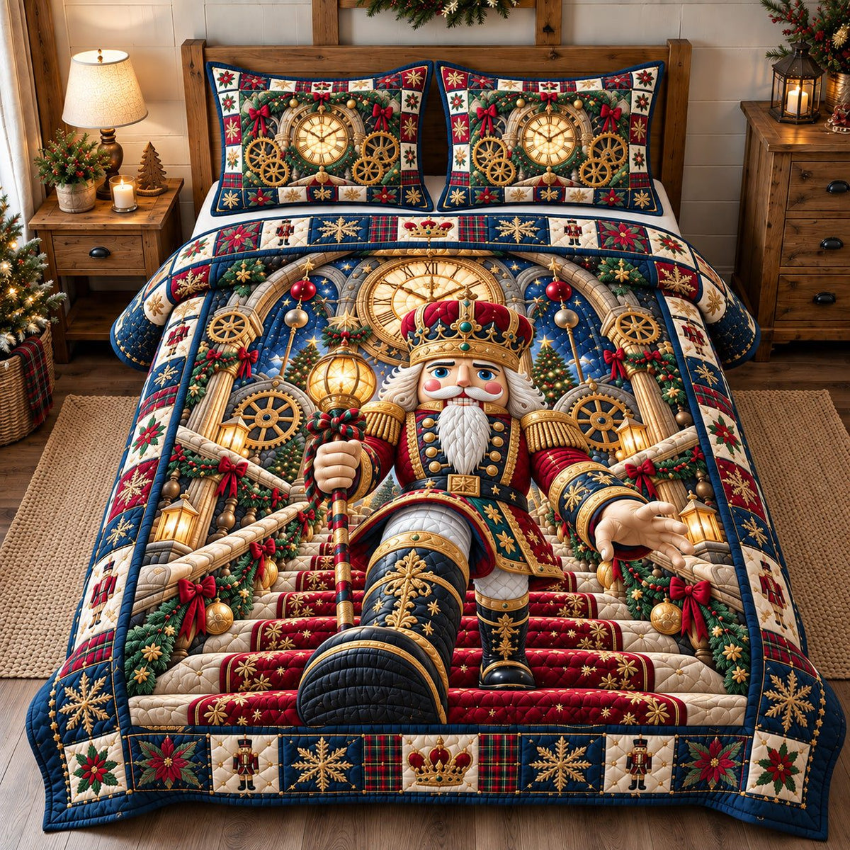 Clockwork Nutcracker March quilted 3-piece bedding set on a made bed in a winter-styled bedroom