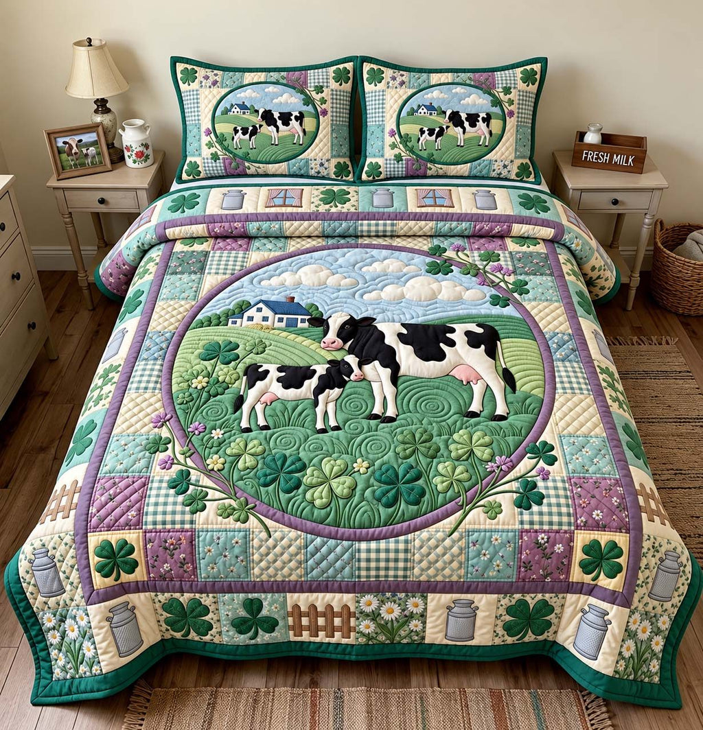 Clover Meadow Cows quilted 3-piece bedding set on a made bed with two matching pillow shams