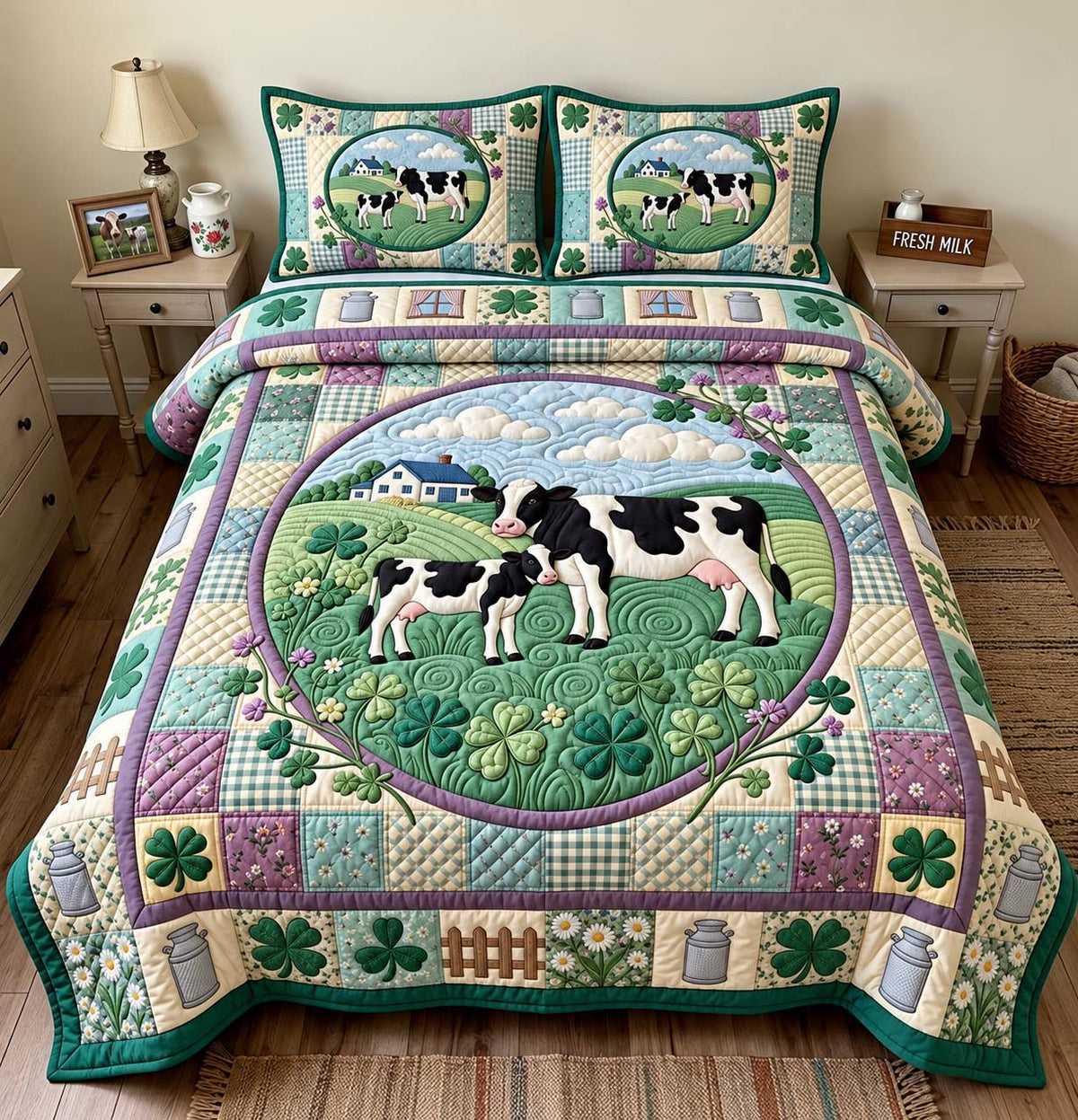 Clover Meadow Cows quilted 3-piece bedding set on a made bed with two matching pillow shams