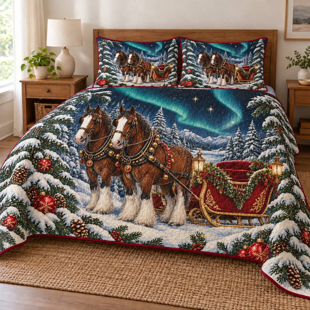 Clydesdale Sleigh Aurora printed Christmas quilt and two matching pillow shams; design mockup showing a flat printed depth effect.
