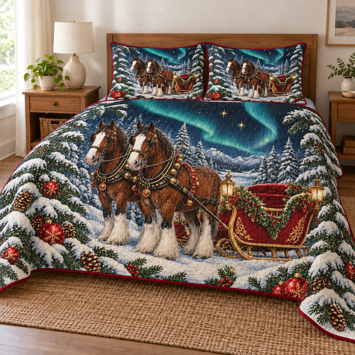 Clydesdale Sleigh Aurora printed Christmas quilt and two matching pillow shams; design mockup showing a flat printed depth effect.
