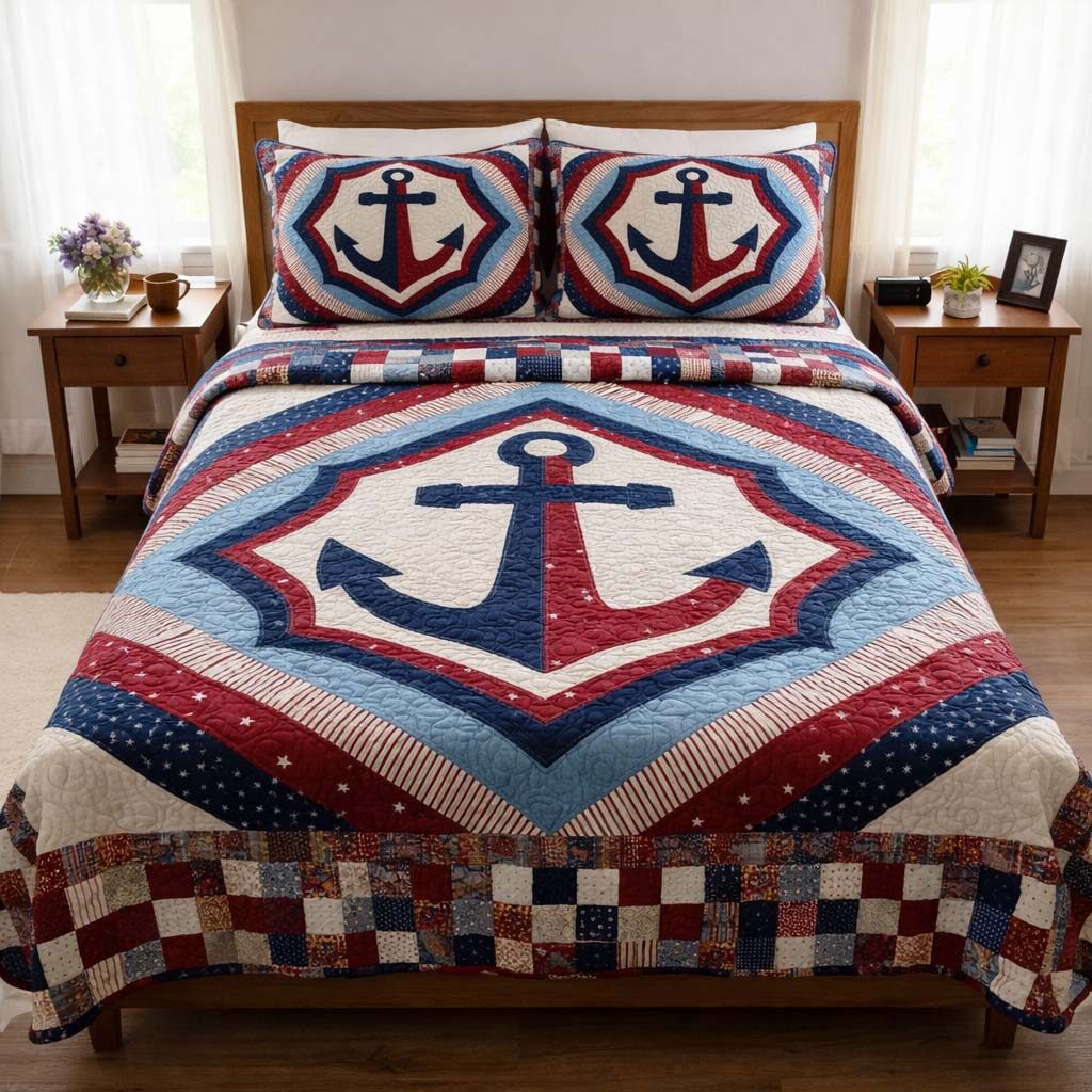 Coastal Anchor 3-Piece Quilted Bedding Set GFTOQA1905 quilted 3-piece bedding set on a made bed in a light coastal bedroom