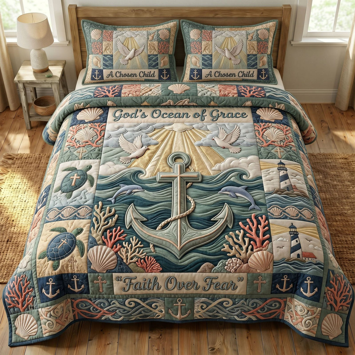 Coastal Christian 3-Piece Quilted Bedding Set GFTONMU487 quilted 3-piece bedding set on a made bed in a softly lit bedroom