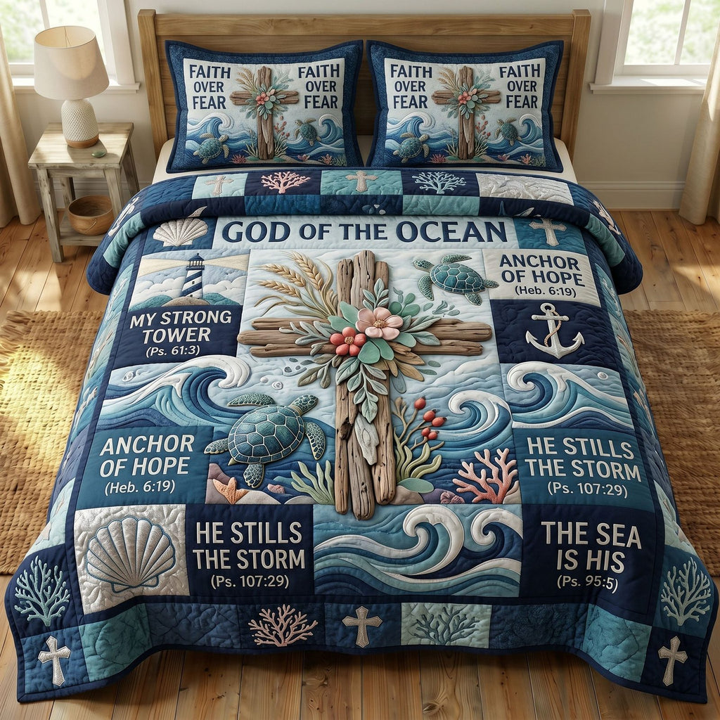 Coastal Christian 3-Piece Quilted Bedding Set GFTONMU488 quilted 3-piece bedding set on a made bed in a softly lit bedroom