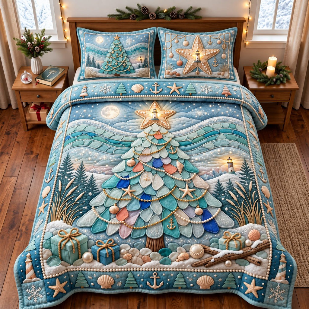 Coastal Christmas quilted 3-piece bedding set on a made bed in a winter-styled bedroom