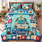 Coastal Christmas Tree Breeze quilted 3-piece bedding set on a made bed in a winter-styled bedroom