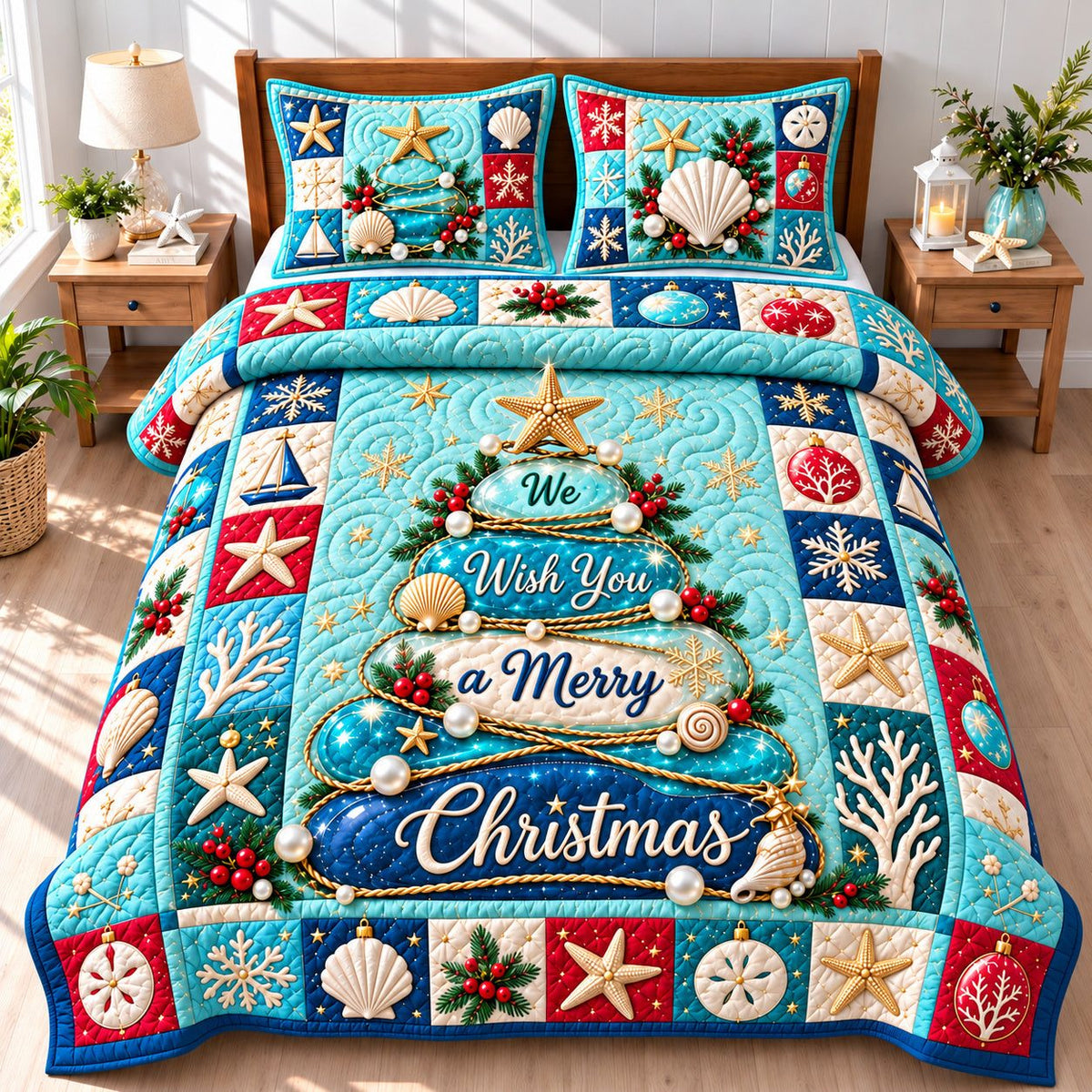 Coastal Christmas Tree Breeze quilted 3-piece bedding set on a made bed in a winter-styled bedroom