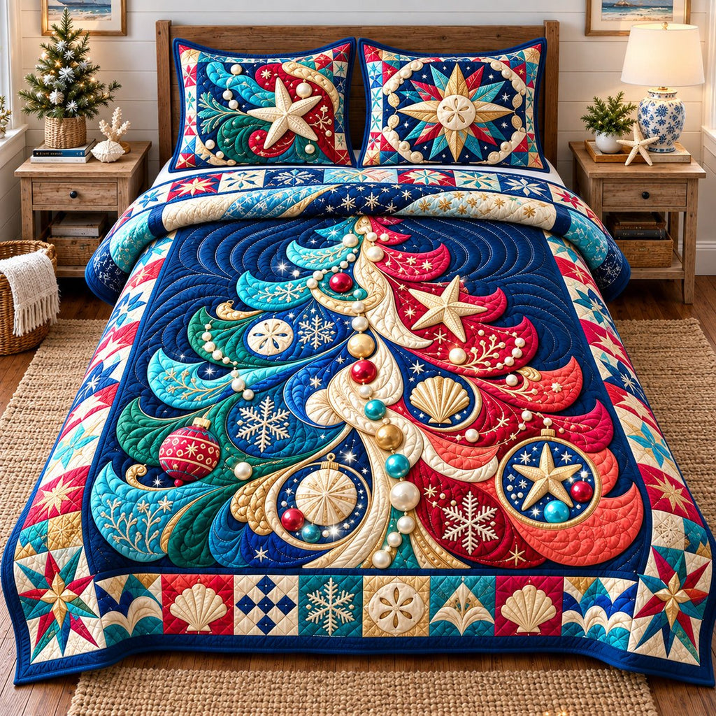 Coastal Christmas Tree Glow quilted 3-piece bedding set on a made bed in a winter-styled bedroom