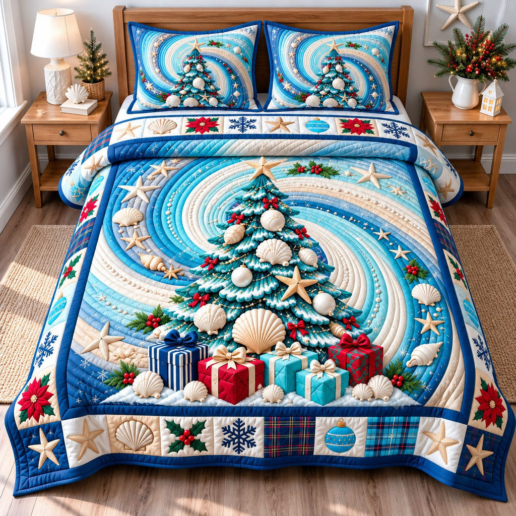 Coastal Christmas Tree Holiday quilted 3-piece bedding set on a made bed in a winter-styled bedroom