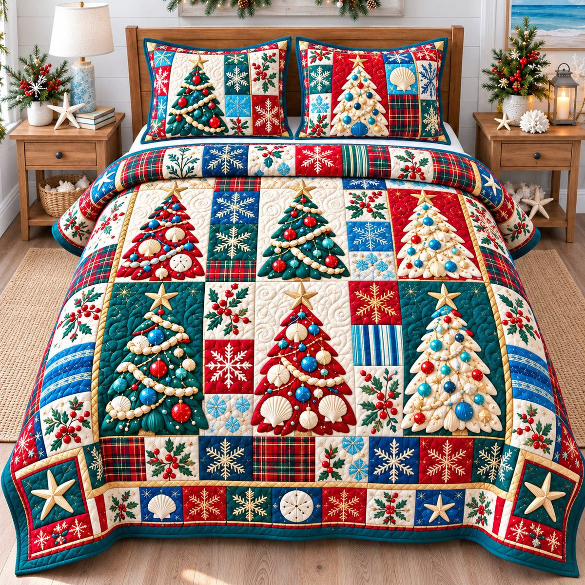 Coastal Christmas Tree Magic quilted 3-piece bedding set on a made bed in a winter-styled bedroom