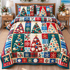Coastal Christmas Tree Magic quilted 3-piece bedding set on a made bed in a winter-styled bedroom