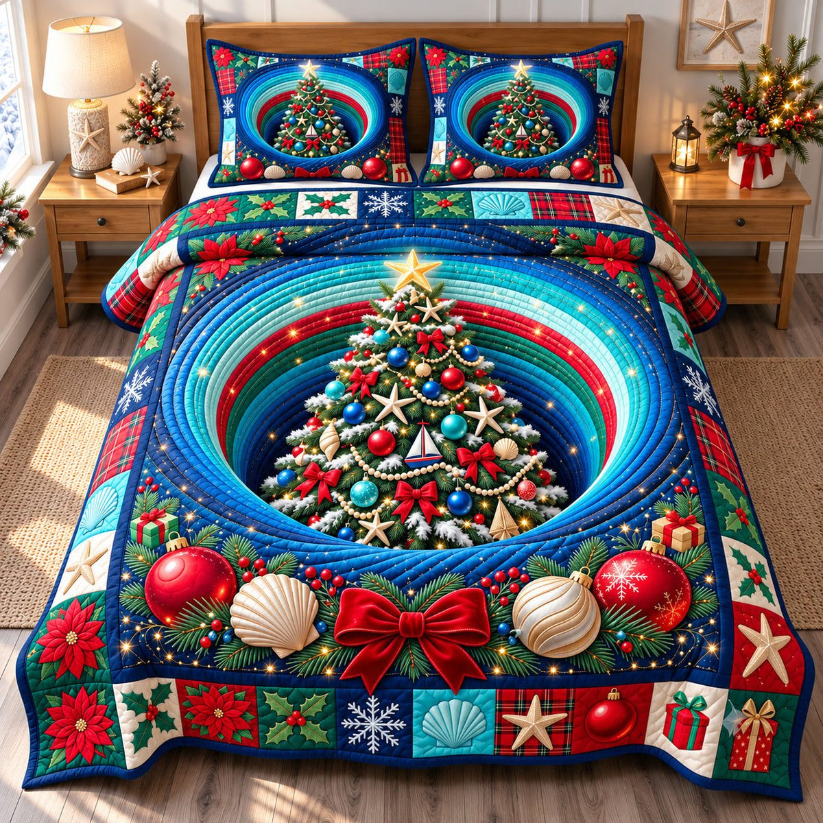 Coastal Christmas Tree Paradise quilted 3-piece bedding set on a made bed in a winter-styled bedroom