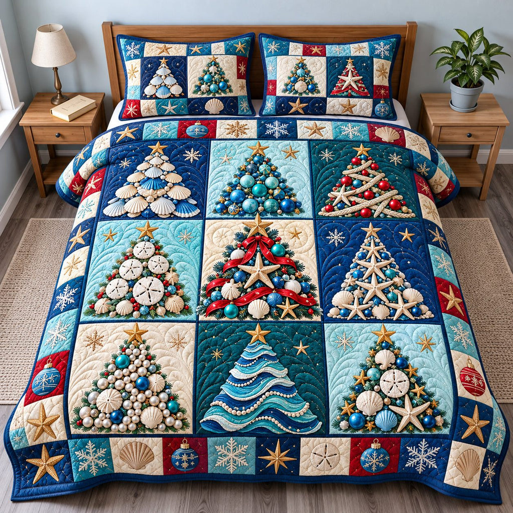 Coastal Christmas Tree Wishes quilted 3-piece bedding set on a made bed in a winter-styled bedroom
