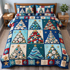 Coastal Christmas Tree Wishes quilted 3-piece bedding set on a made bed in a winter-styled bedroom