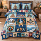 Coastal Holiday Patchwork quilted 3-piece bedding set on a made bed in a winter-styled bedroom