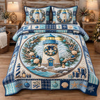 Coastal Lighthouse Christmas quilted 3-piece bedding set on a made bed in a winter-styled bedroom