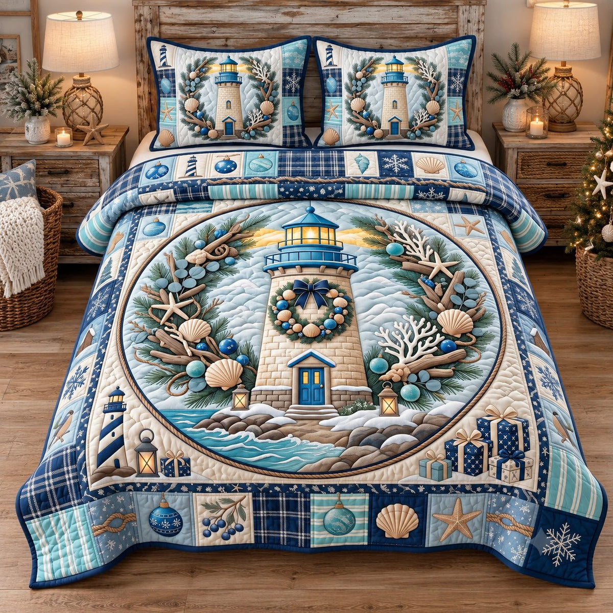 Coastal Lighthouse Christmas quilted 3-piece bedding set on a made bed in a winter-styled bedroom