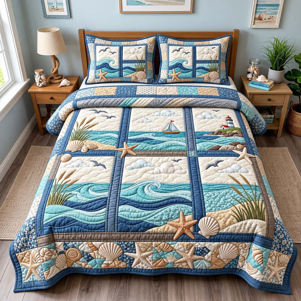 Coastal Ocean Windows quilted 3-piece bedding set on a made bed in a light coastal bedroom