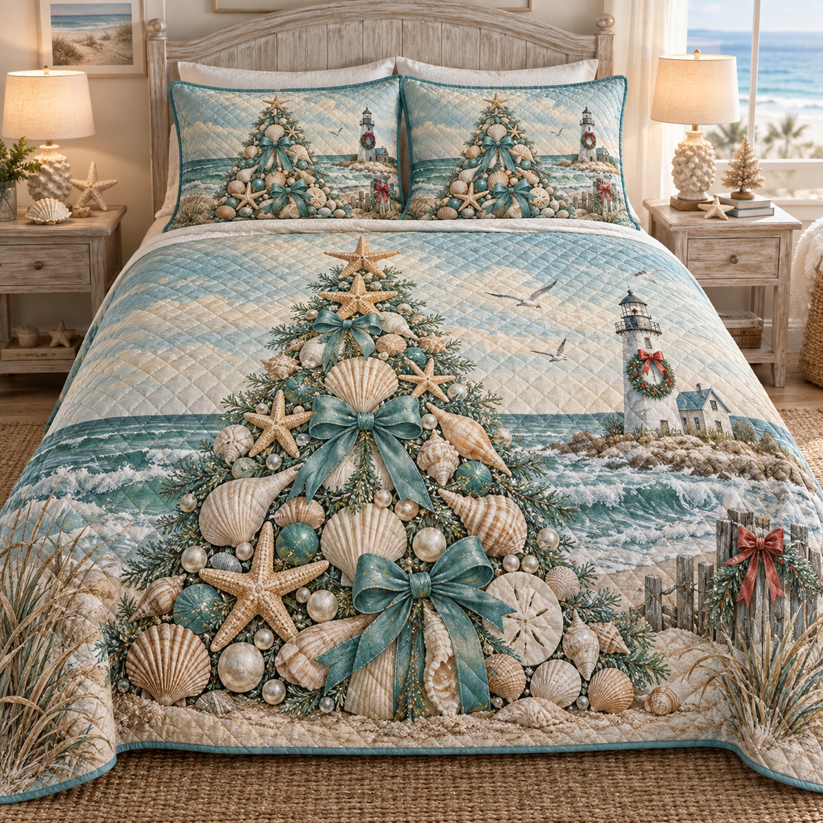 Coastal Pearl Christmas 3-Piece Quilted Bedding Set — digital product visualization