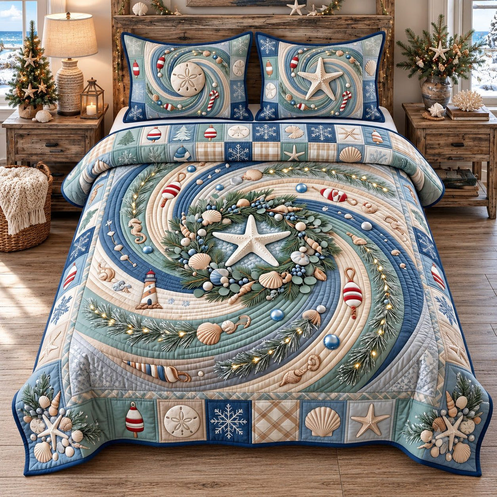 Coastal Seashell Wreath quilted 3-piece bedding set on a made bed in a light coastal bedroom