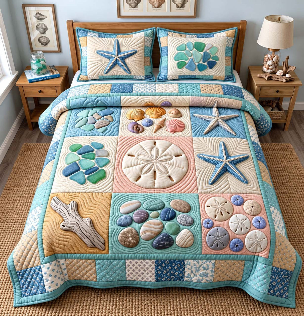 Coastal Treasures Patchwork quilted 3-piece bedding set on a made bed in a light coastal bedroom
