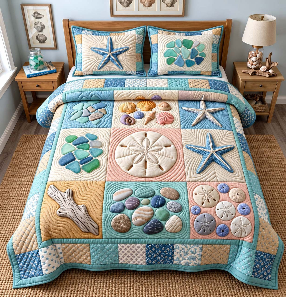 Coastal Treasures Patchwork quilted 3-piece bedding set on a made bed in a light coastal bedroom