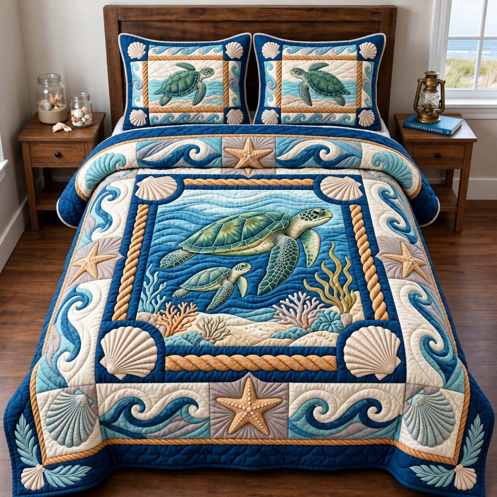 Coastal Turtle Haven quilted 3-piece bedding set on a made bed in a light coastal bedroom
