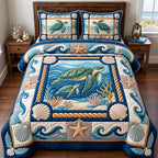 Coastal Turtle Haven quilted 3-piece bedding set on a made bed in a light coastal bedroom