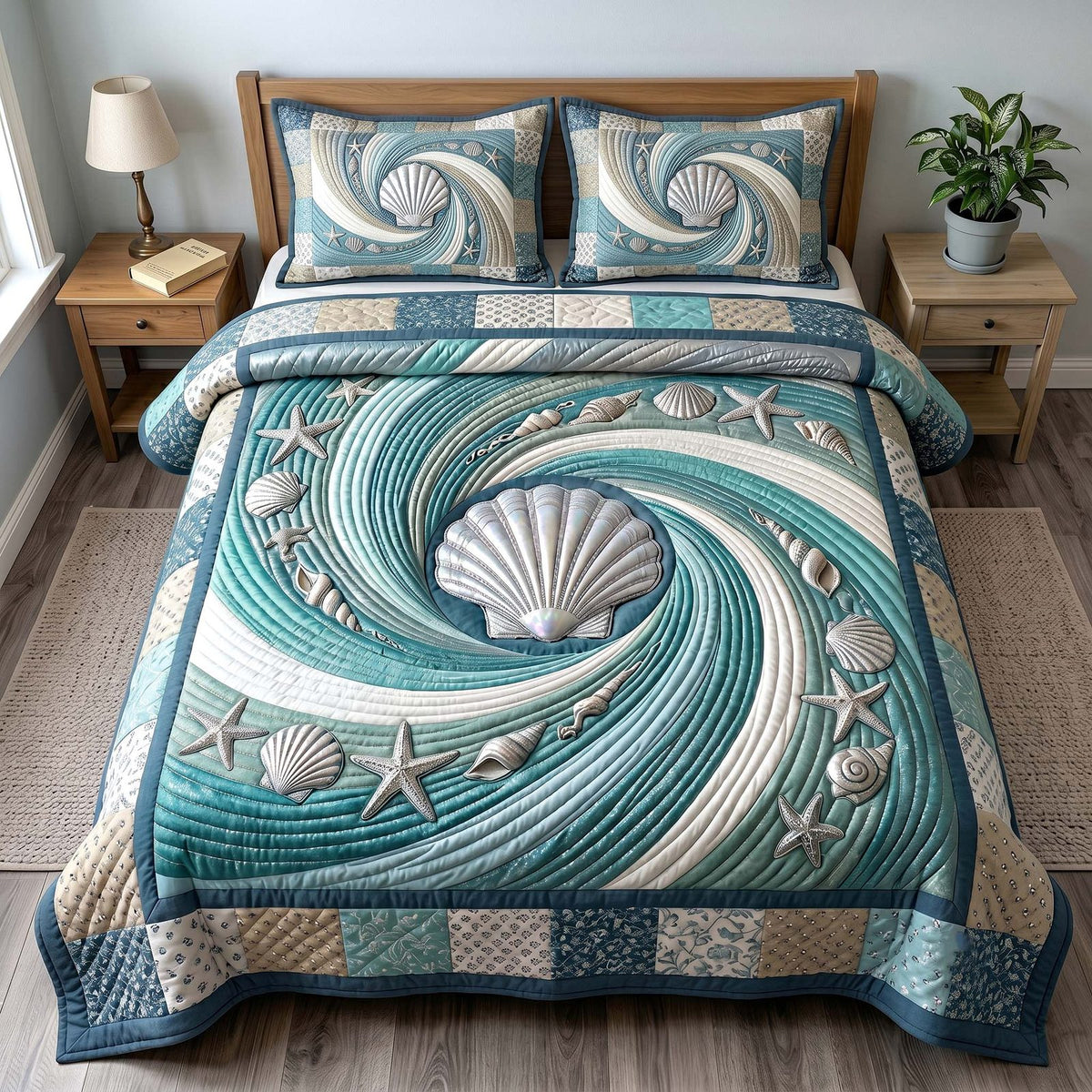 Coastal Whisper 3-Piece Quilted Bedding Set GFTOTP19190 quilted 3-piece bedding set on a made bed in a light coastal bedroom