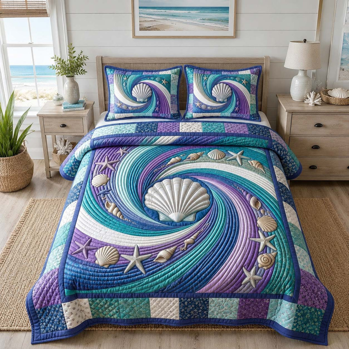 Coastal Whisper quilted 3-piece bedding set on a made bed in a light coastal bedroom