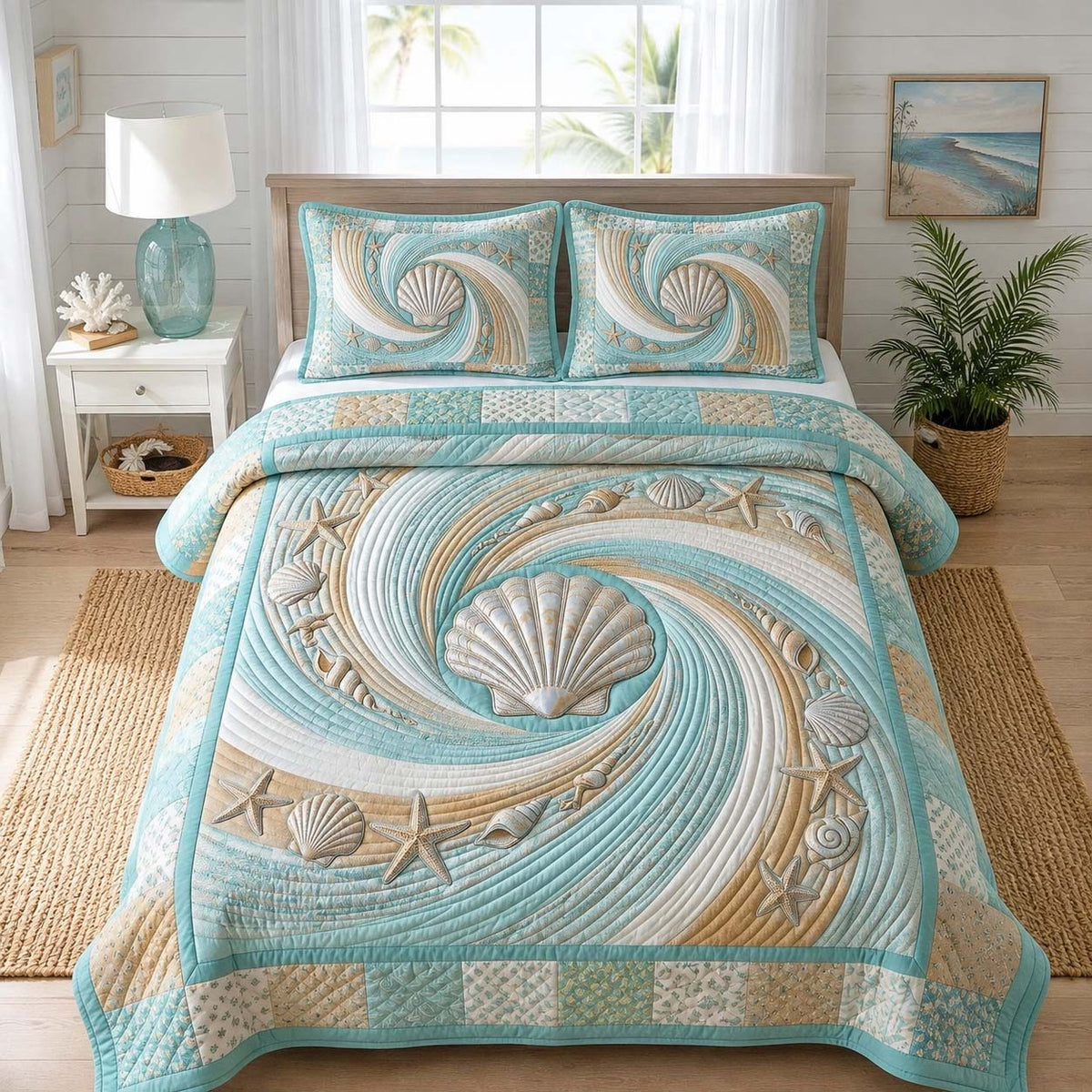 Coastal Whisper quilted 3-piece bedding set on a made bed in a light coastal bedroom