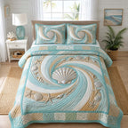 Coastal Whisper quilted 3-piece bedding set on a made bed in a light coastal bedroom