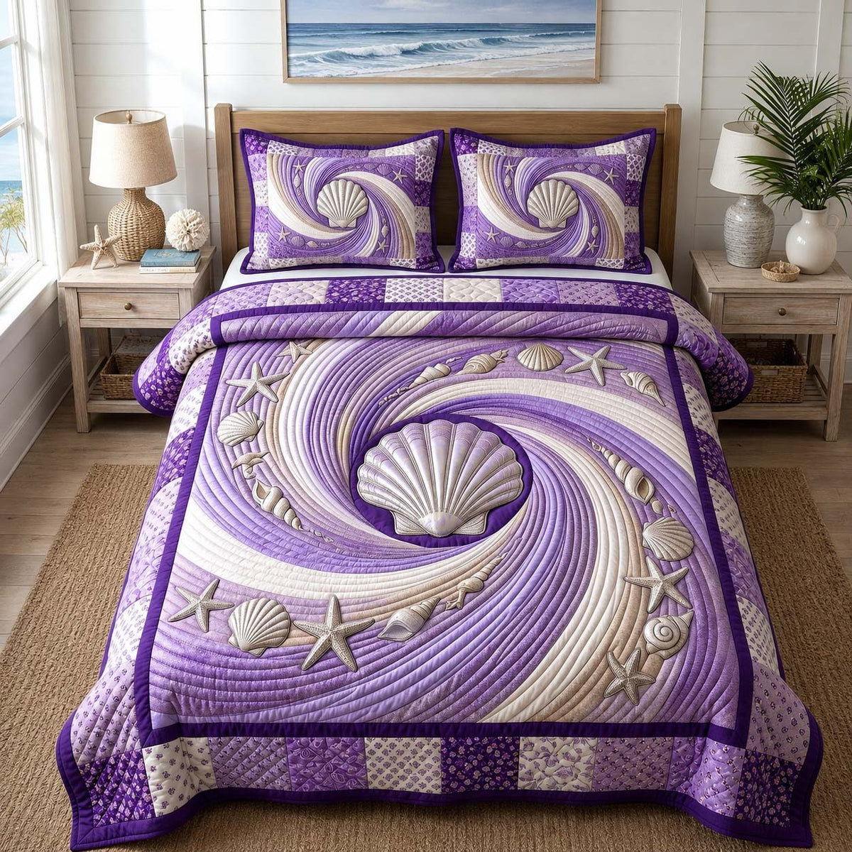 Coastal Whisper quilted 3-piece bedding set on a made bed in a light coastal bedroom