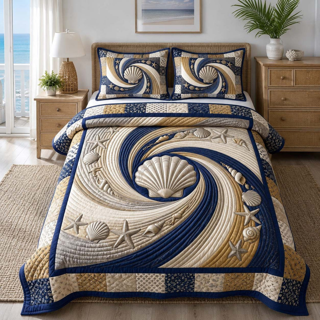 Coastal Whisper quilted 3-piece bedding set on a made bed in a light coastal bedroom