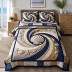 Coastal Whisper quilted 3-piece bedding set on a made bed in a light coastal bedroom