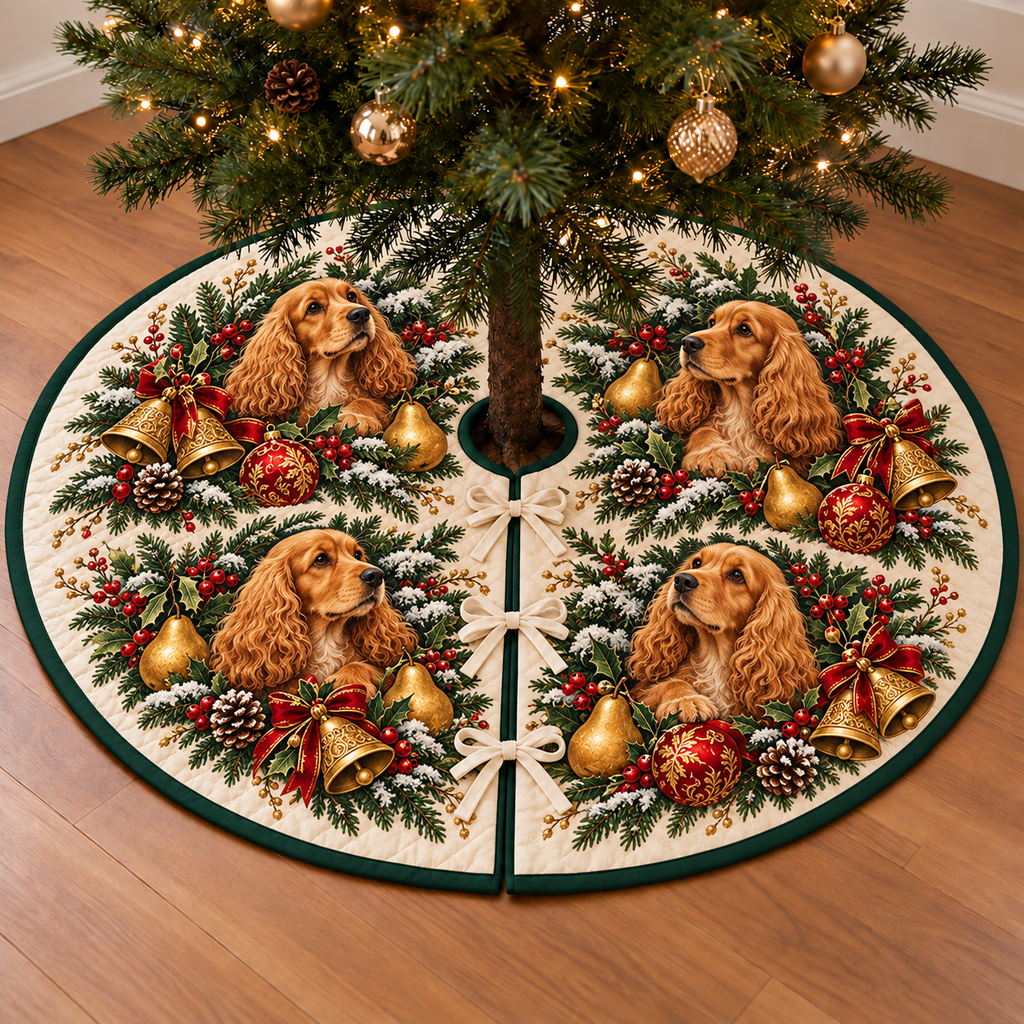 Cocker Spaniel Pear Toy Bell printed Christmas circular tree skirt; design mockup showing a flat printed depth effect.