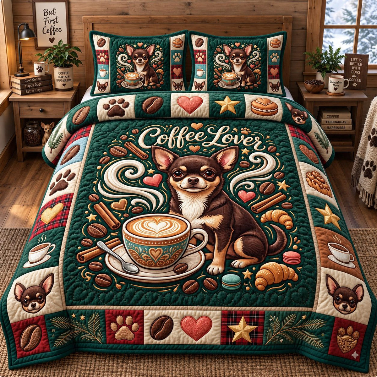 Coffee Lover Chihuahua quilted 3-piece bedding set on a made bed with two matching pillow shams