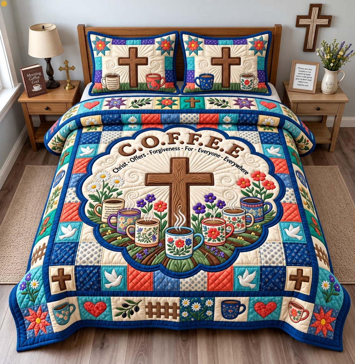 Coffee With Christ quilted 3-piece bedding set on a made bed in a softly lit bedroom