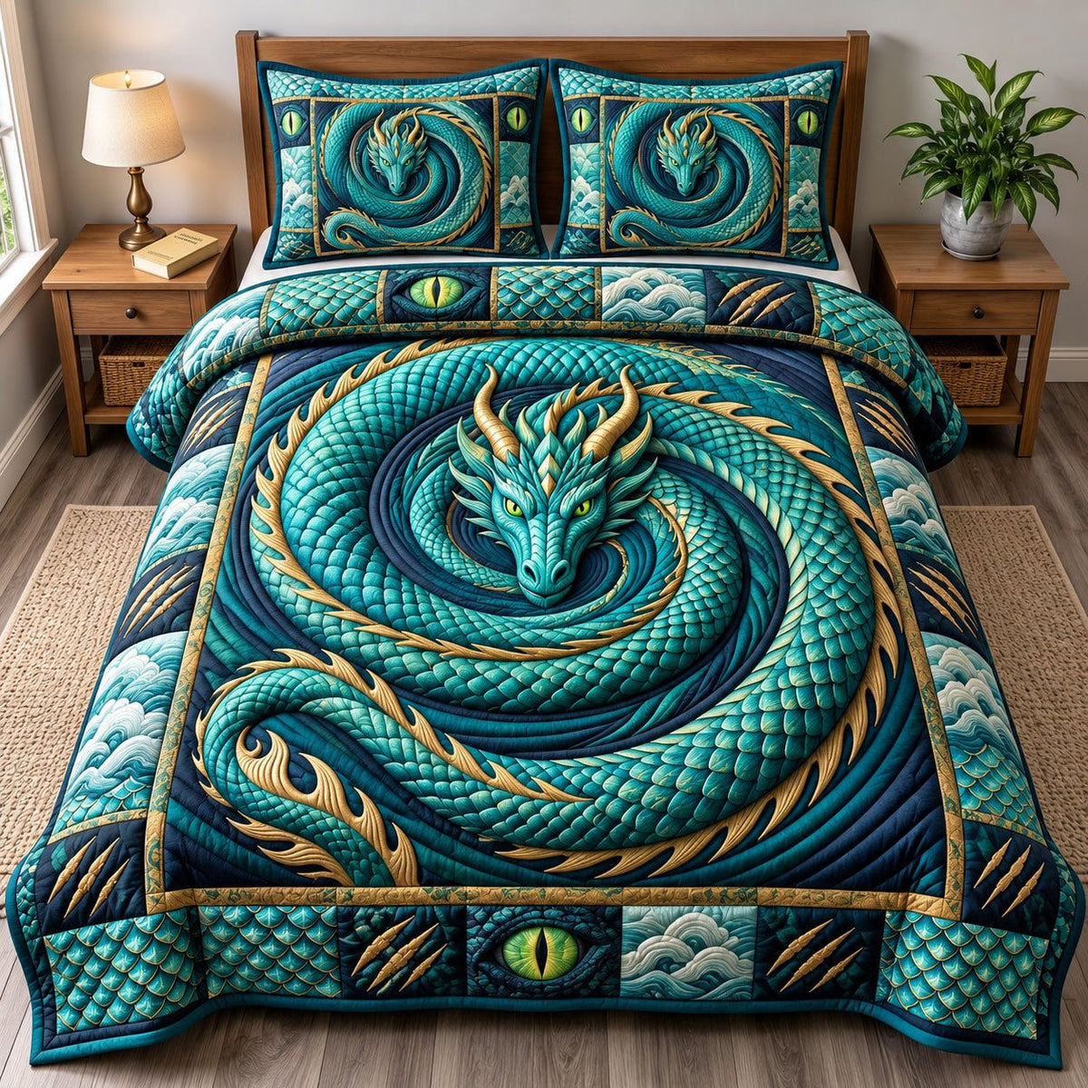 Coiled Teal Dragon quilted 3-piece bedding set on a made bed with two matching pillow shams