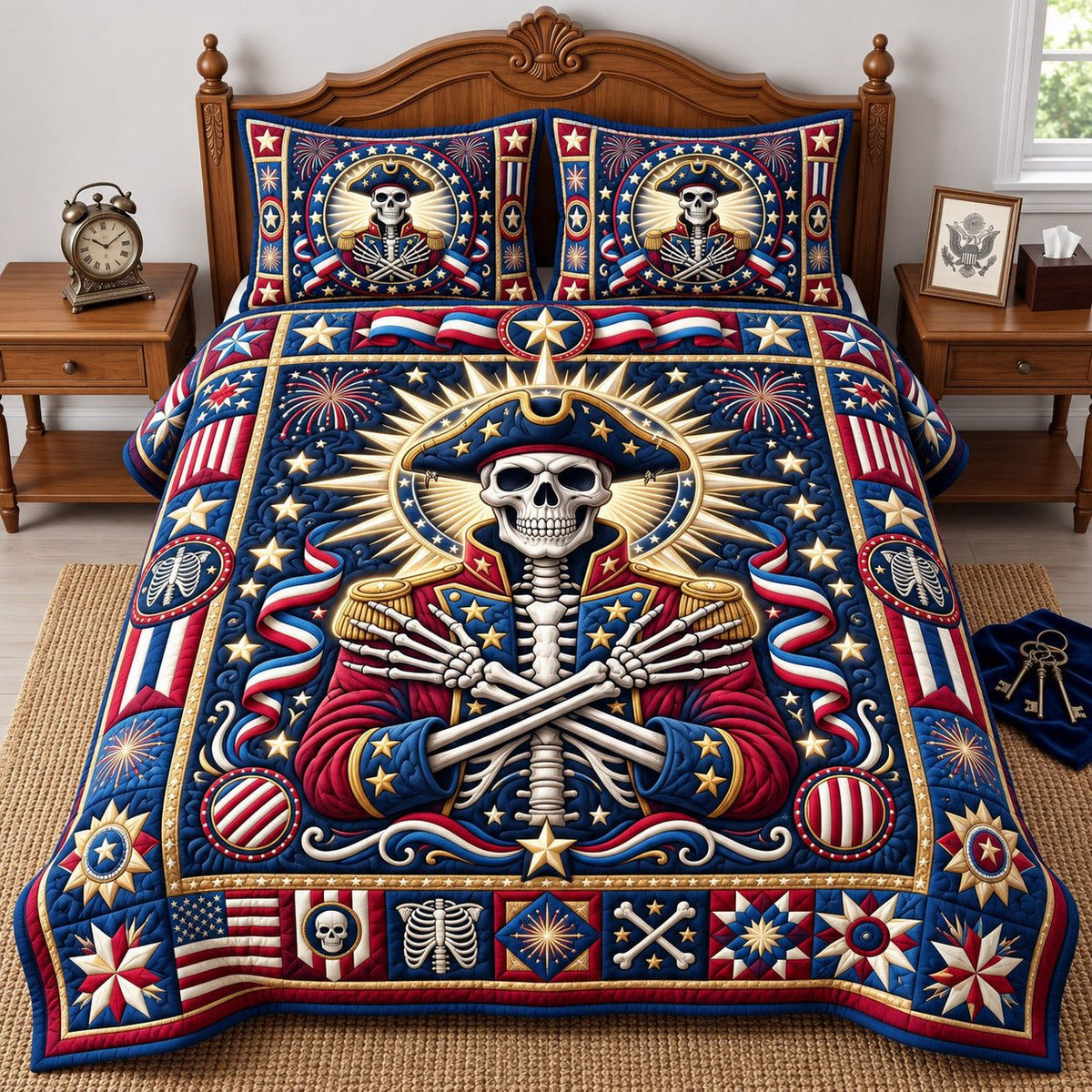 Colonial Skeleton Patriotic quilted 3-piece bedding set on a made bed against a dark styled interior