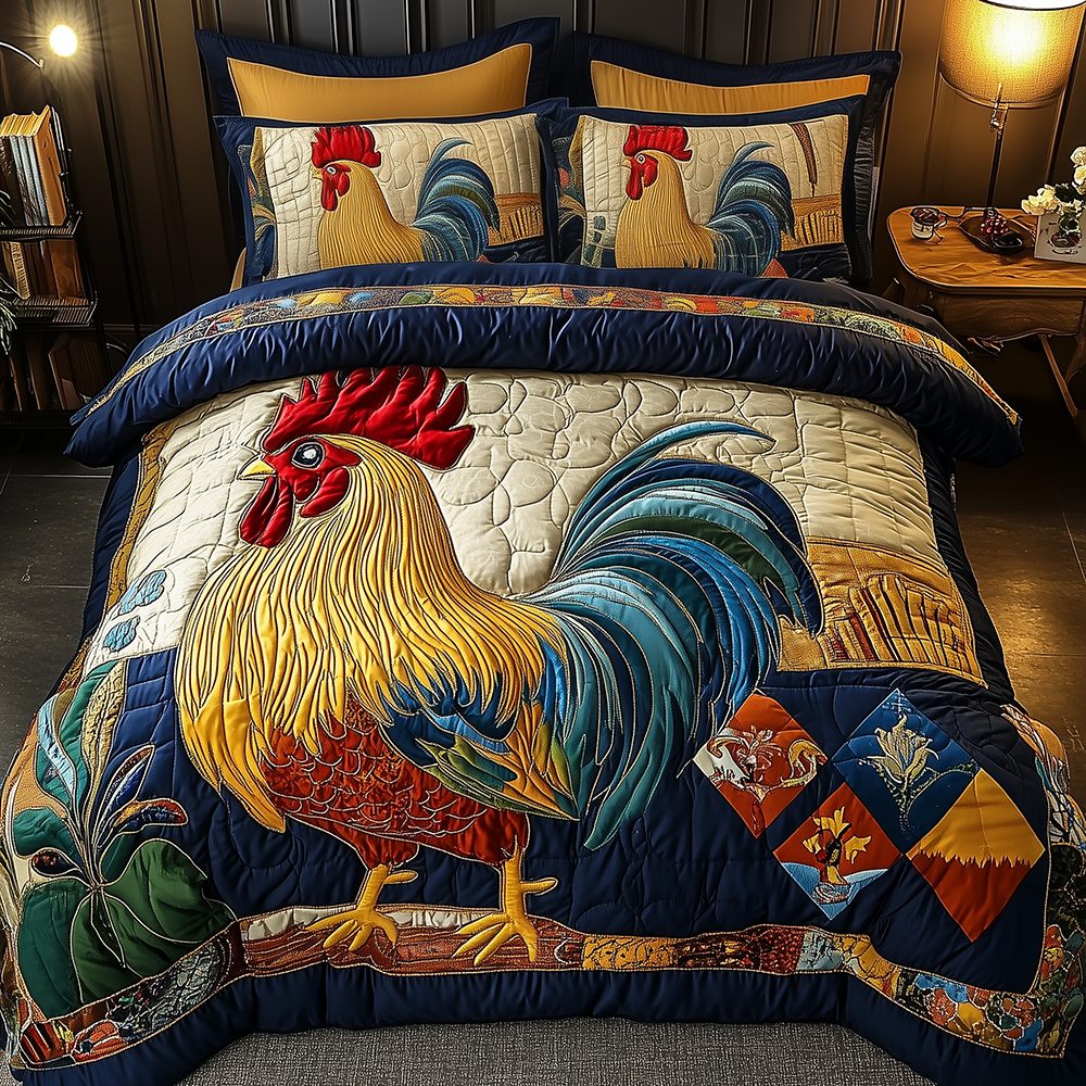 Colorburst Cock 3-Piece Quilted Bedding Set GFTONL2461 quilted 3-piece bedding set on a made bed with two matching pillow shams