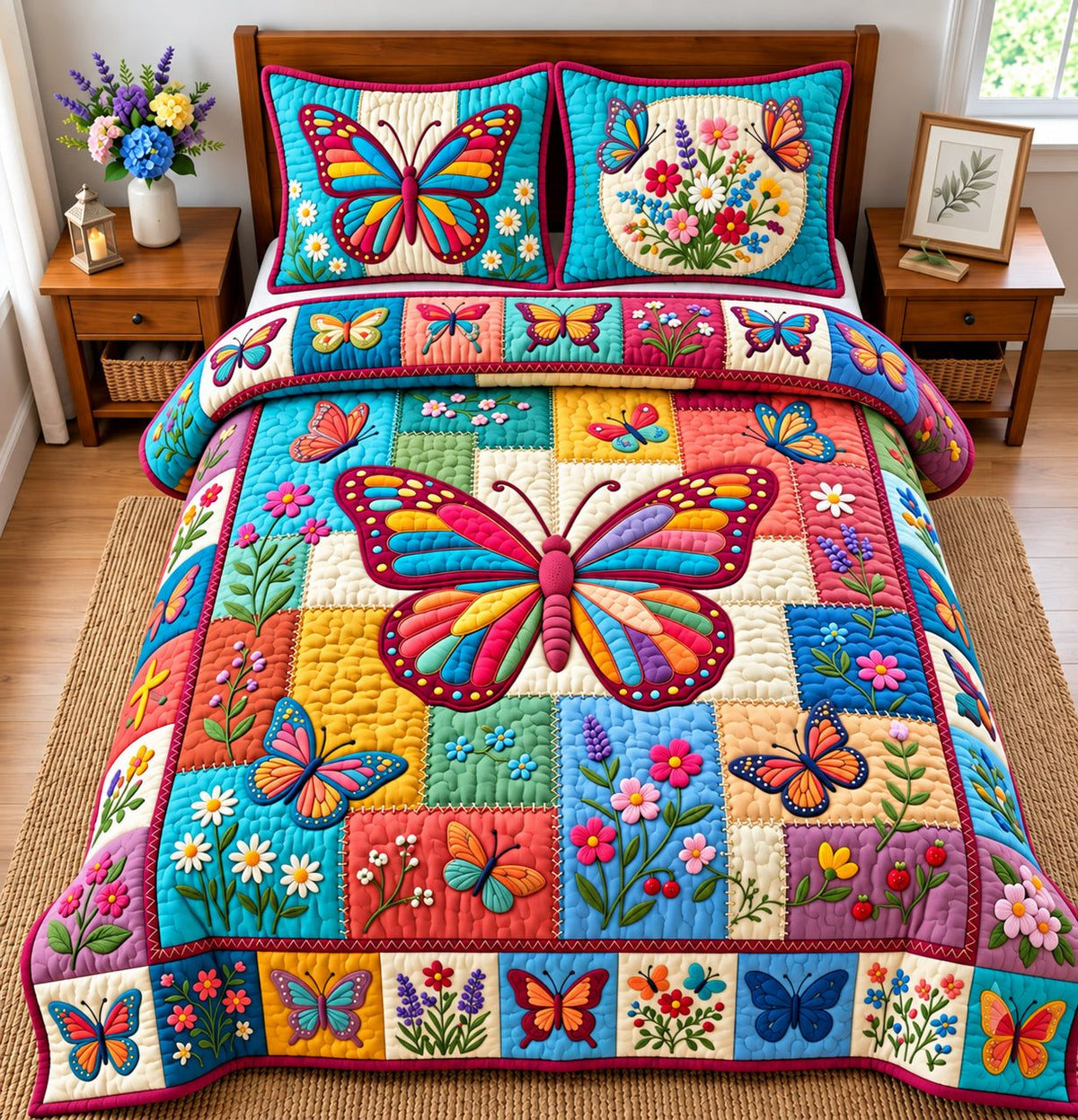 Colorful Butterfly quilted 3-piece bedding set on a made bed with two matching pillow shams