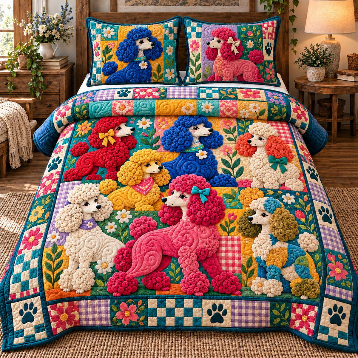 Colorful Poodle Patchwork quilted 3-piece bedding set on a made bed in a farmhouse bedroom