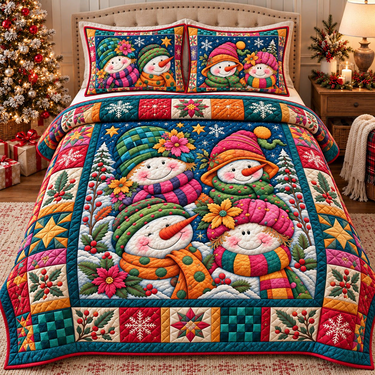 Colorful Snowman Friends quilted 3-piece bedding set on a made bed in a winter-styled bedroom