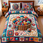Colorful Yarn Basket quilted 3-piece bedding set on a made bed with two matching pillow shams