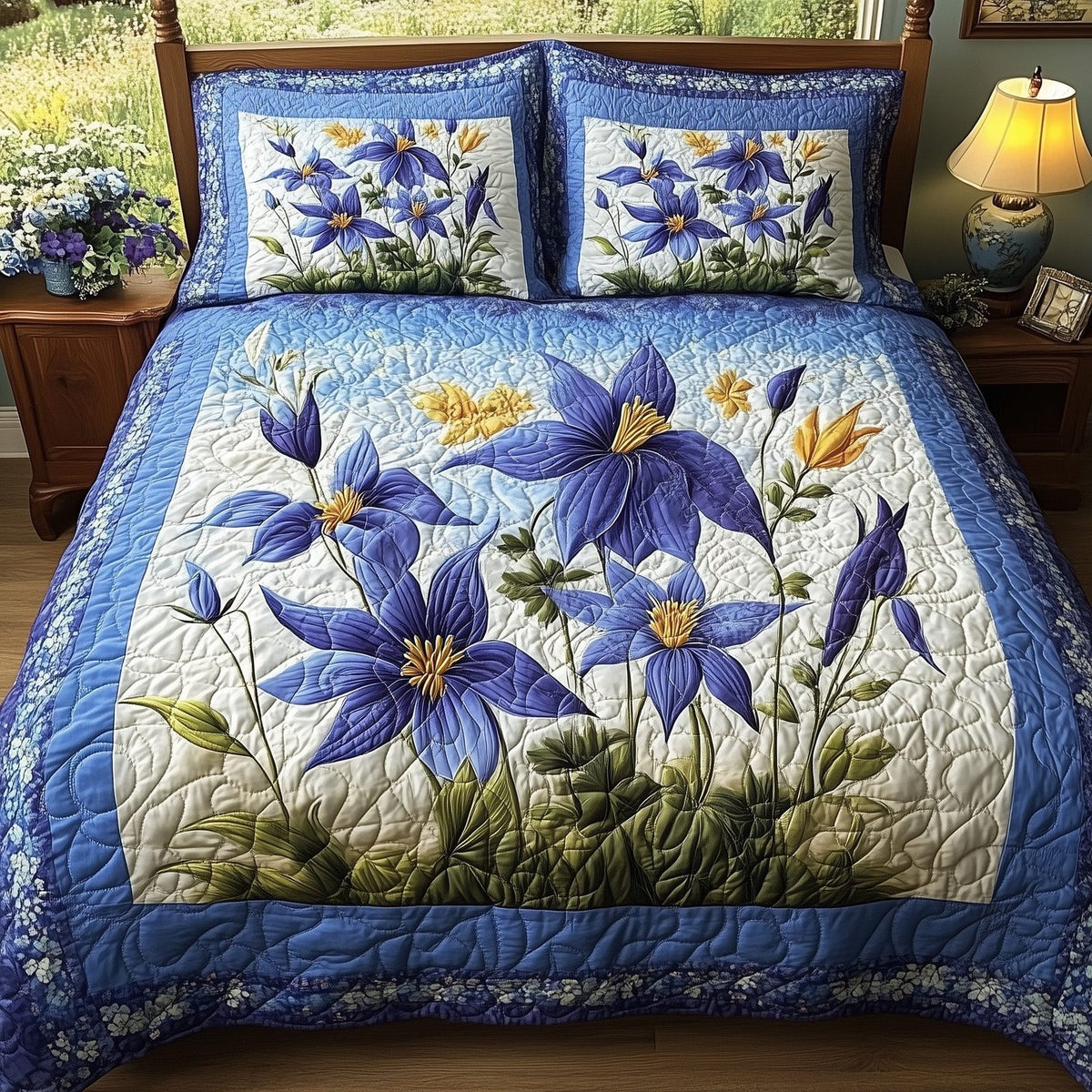 Columbine Charm 3-Piece Quilted Bedding Set GFTONL4284 quilted 3-piece bedding set on a made bed with two matching pillow shams