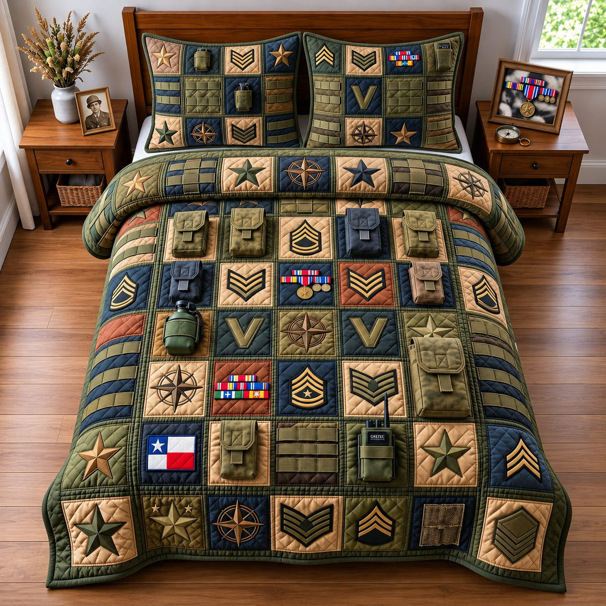 Compass Patchwork Veteran Pride quilted 3-piece bedding set on a made bed in a warmly lit bedroom